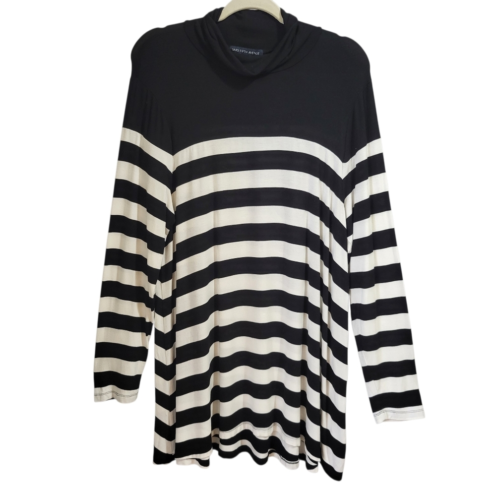 Saks Fifth Avenue Tunic Dress Size XL Black White Stripe Cowl Neck Preppy Casual